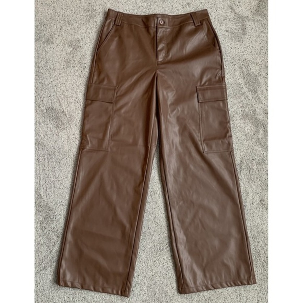 NWT HYFVE Women's Large Chocolate Brown Wide Leg Faux Leather Pants Pockets